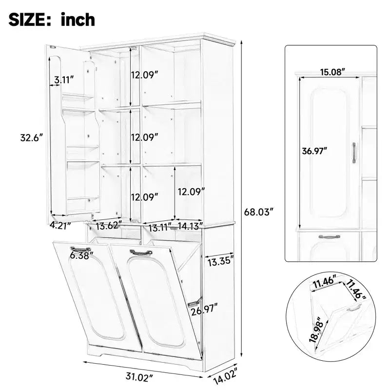 Meuble de rangement haut de salle de bain autoportant de 68 po avec 2 paniers à linge basculants, étagères réglables, armoire à porte à fermeture douce