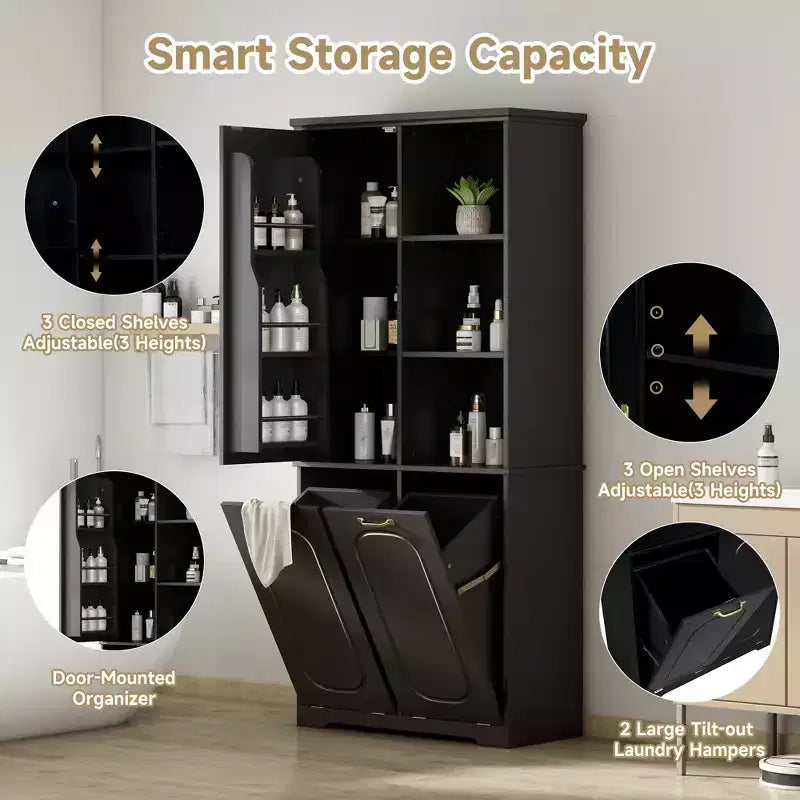 Meuble de rangement haut de salle de bain autoportant de 68 po avec 2 paniers à linge basculants, étagères réglables, armoire à porte à fermeture douce