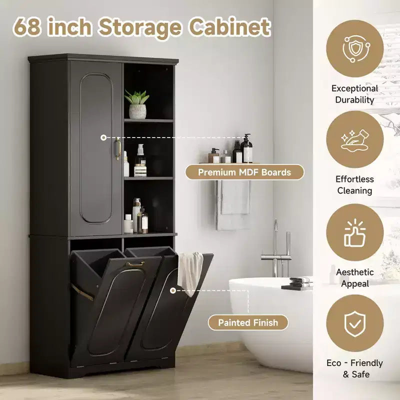 Meuble de rangement haut de salle de bain autoportant de 68 po avec 2 paniers à linge basculants, étagères réglables, armoire à porte à fermeture douce