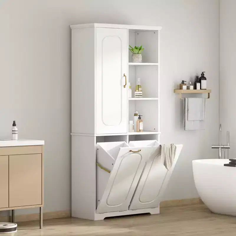 Meuble de rangement haut de salle de bain autoportant de 68 po avec 2 paniers à linge basculants, étagères réglables, armoire à porte à fermeture douce