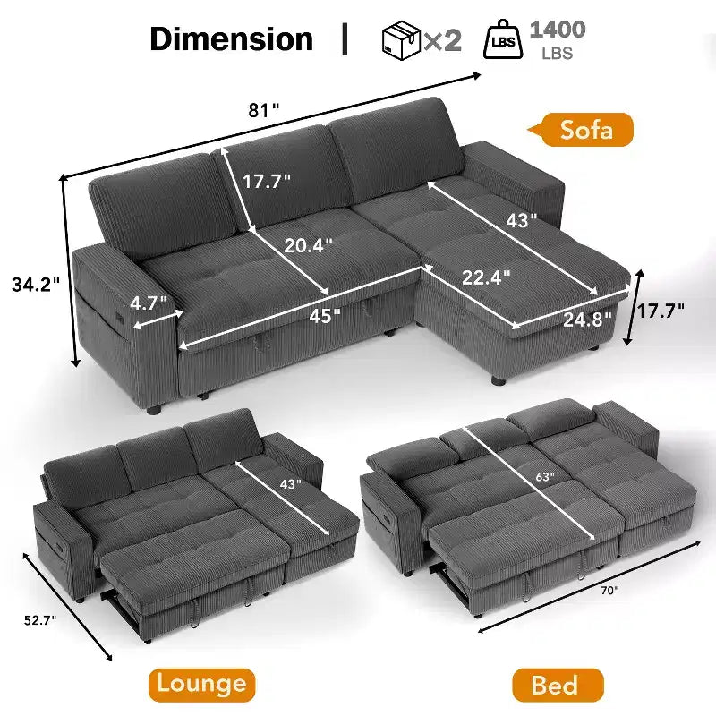 Canapé-lit convertible, canapé-lit en forme de L de 81 po avec méridienne de rangement réversible/port USB/poche latérale/assemblage sans outils, velours côtelé beige