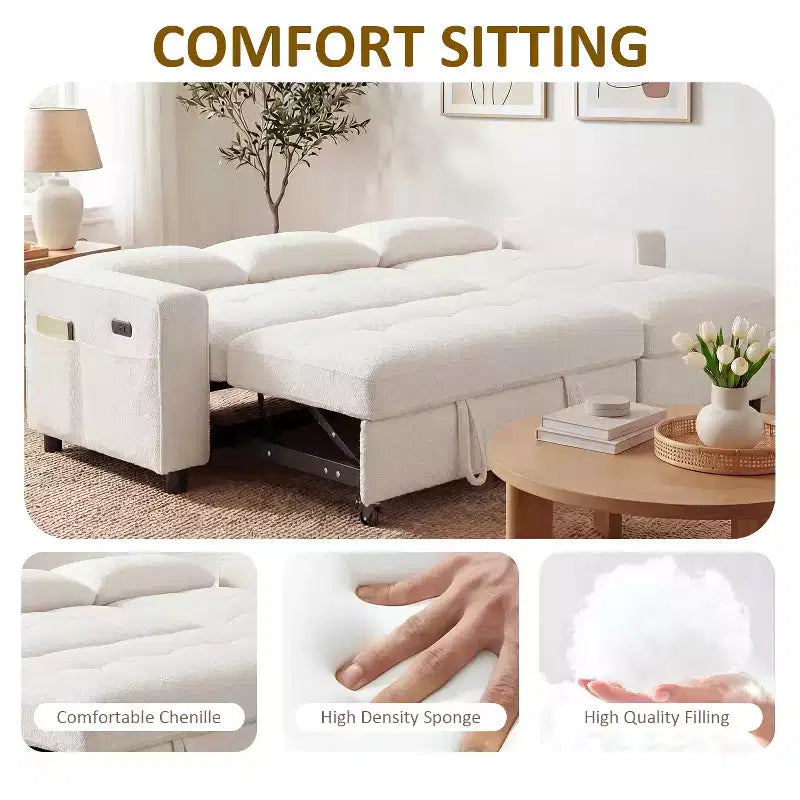 Canapé-lit convertible, canapé-lit en forme de L de 81 po avec méridienne de rangement réversible/port USB/poche latérale/assemblage sans outils, velours côtelé beige