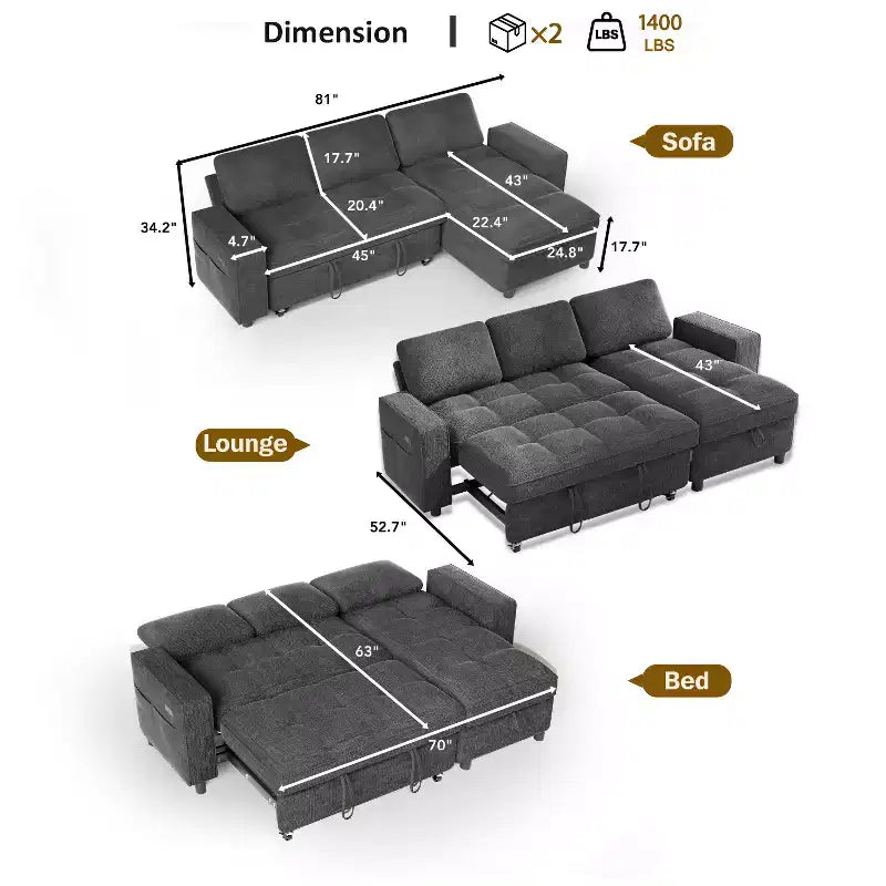 Canapé-lit convertible, canapé-lit en forme de L de 81 po avec méridienne de rangement réversible/port USB/poche latérale/assemblage sans outils, velours côtelé beige