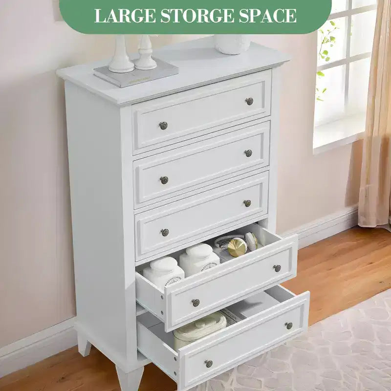Commode moderne en bois de 122 cm de haut avec 5 tiroirs et poignées métalliques pour chambre et salon