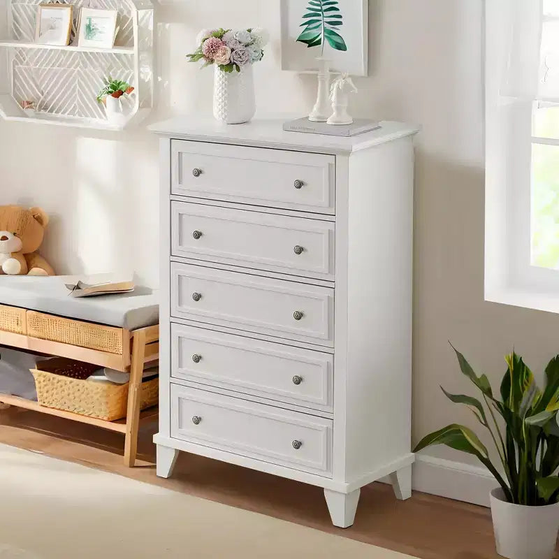 Commode moderne en bois de 122 cm de haut avec 5 tiroirs et poignées métalliques pour chambre et salon