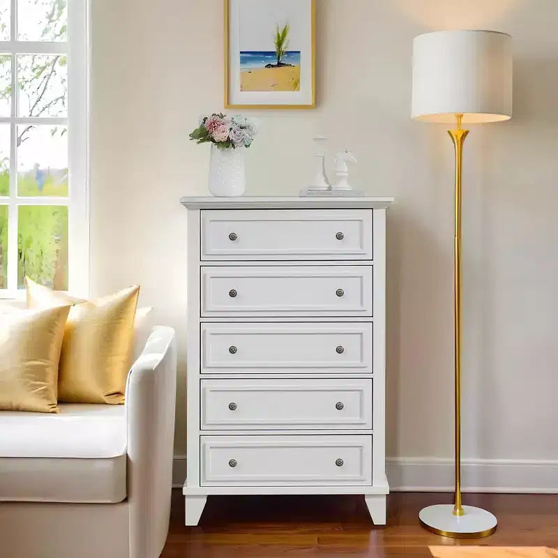 Commode moderne en bois de 122 cm de haut avec 5 tiroirs et poignées métalliques pour chambre et salon