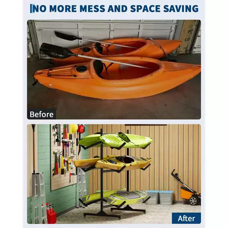 Support de rangement autoportant pour kayak Robuste en acier réglable avec roues mobiles, sangles de suspension, support multi-kayak type S