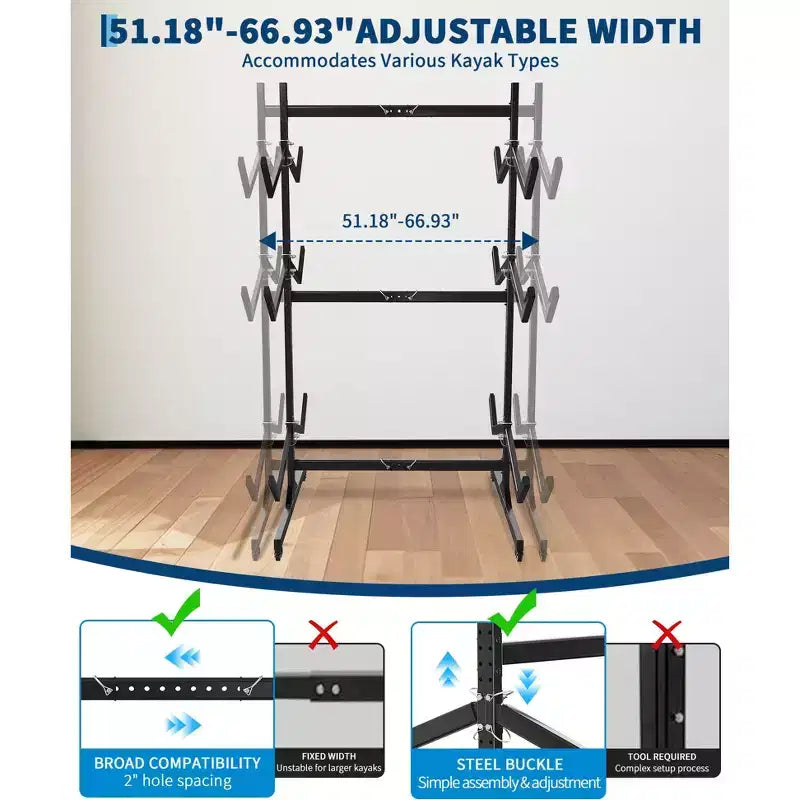 Support de rangement autoportant pour kayak Robuste en acier réglable avec roues mobiles, sangles de suspension, support multi-kayak type S