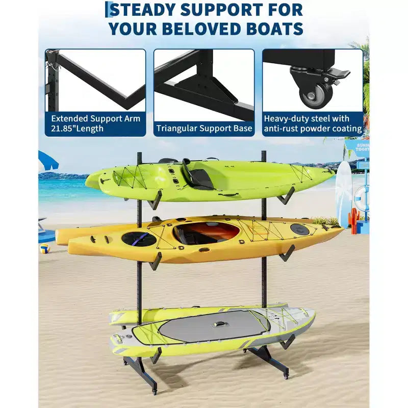 Support de rangement autoportant pour kayak Robuste en acier réglable avec roues mobiles, sangles de suspension, support multi-kayak type S