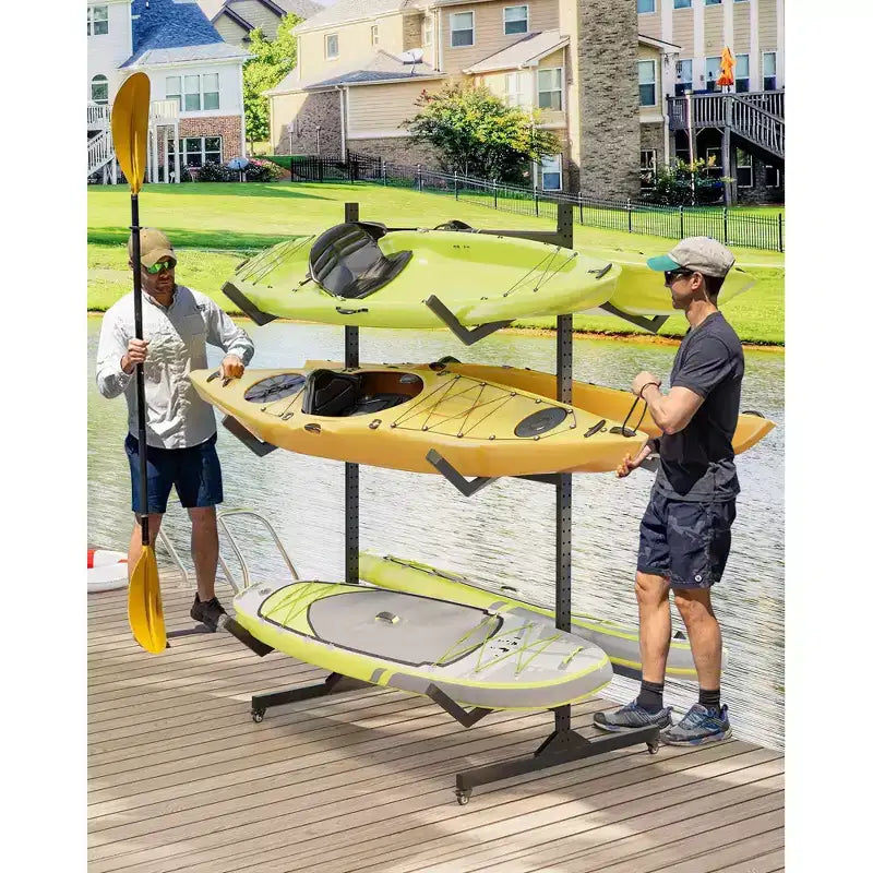 Support de rangement autoportant pour kayak Robuste en acier réglable avec roues mobiles, sangles de suspension, support multi-kayak type S