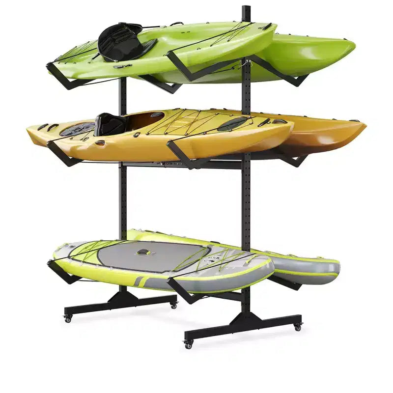 Support de rangement autoportant pour kayak Robuste en acier réglable avec roues mobiles, sangles de suspension, support multi-kayak type S