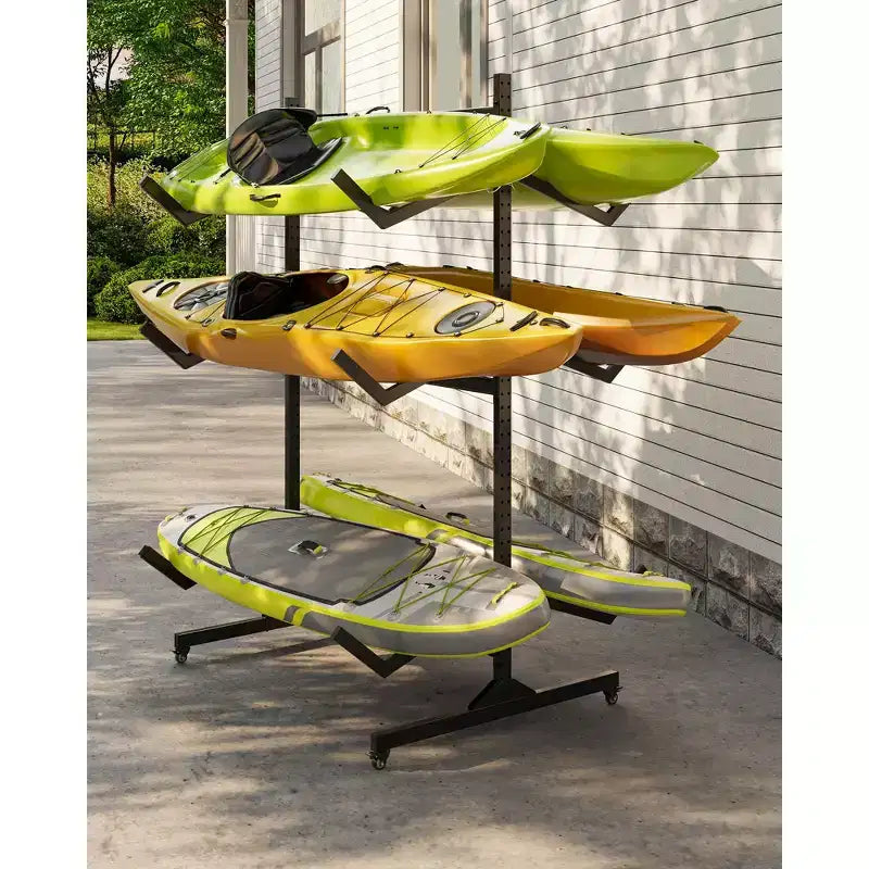 Support de rangement autoportant pour kayak Robuste en acier réglable avec roues mobiles, sangles de suspension, support multi-kayak type S