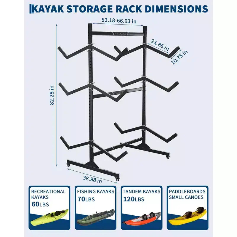 Support de rangement autoportant pour kayak Robuste en acier réglable avec roues mobiles, sangles de suspension, support multi-kayak type S