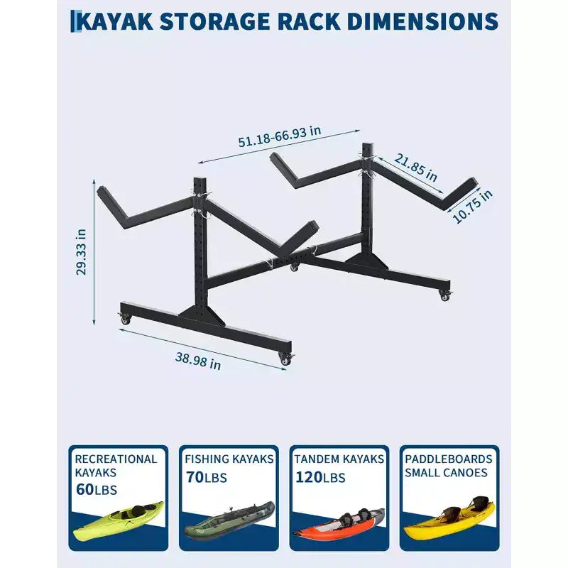 Support de rangement autoportant pour kayak Robuste en acier réglable avec roues mobiles, sangles de suspension, support multi-kayak type S