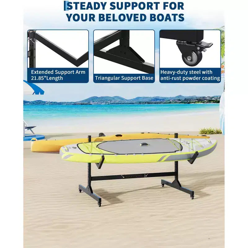 Support de rangement autoportant pour kayak Robuste en acier réglable avec roues mobiles, sangles de suspension, support multi-kayak type S