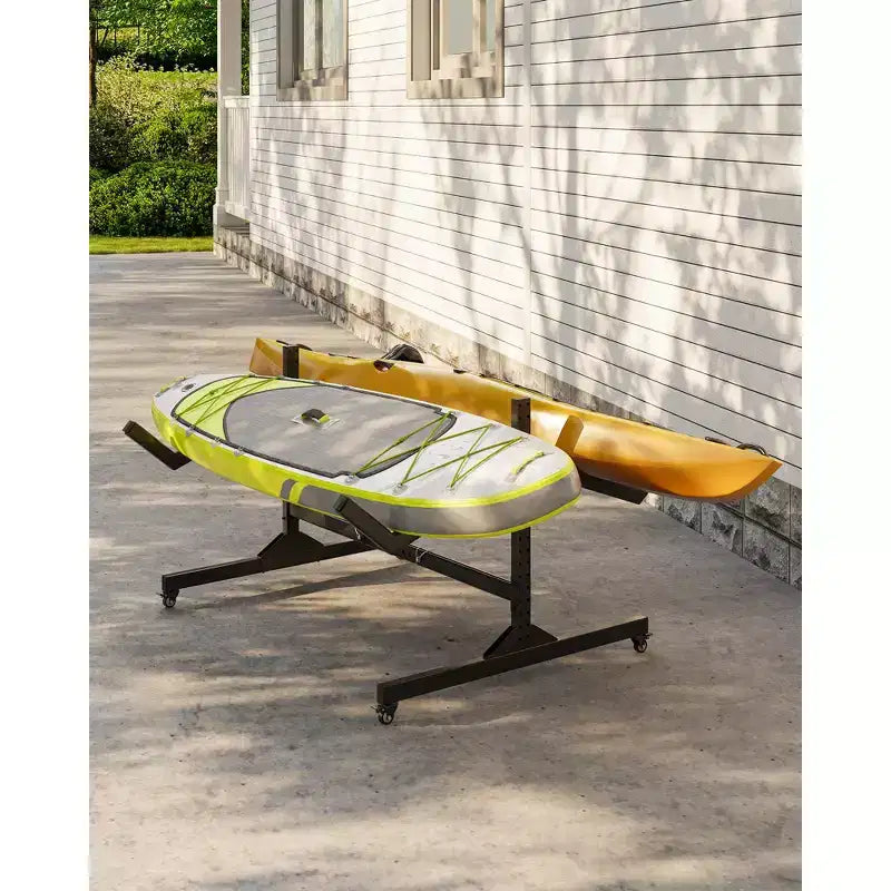Support de rangement autoportant pour kayak Robuste en acier réglable avec roues mobiles, sangles de suspension, support multi-kayak type S