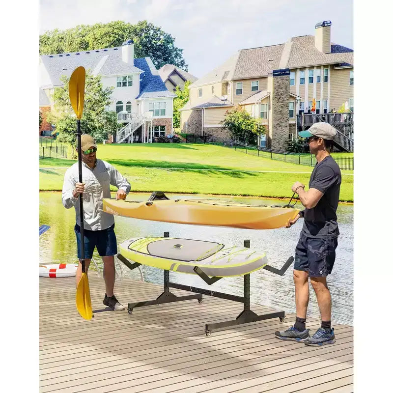 Support de rangement autoportant pour kayak Robuste en acier réglable avec roues mobiles, sangles de suspension, support multi-kayak type S