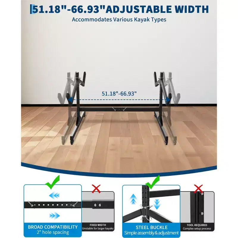 Support de rangement autoportant pour kayak Robuste en acier réglable avec roues mobiles, sangles de suspension, support multi-kayak type S