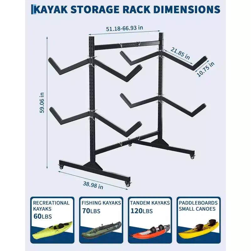 Support de rangement autoportant pour kayak Robuste en acier réglable avec roues mobiles, sangles de suspension, support multi-kayak type S