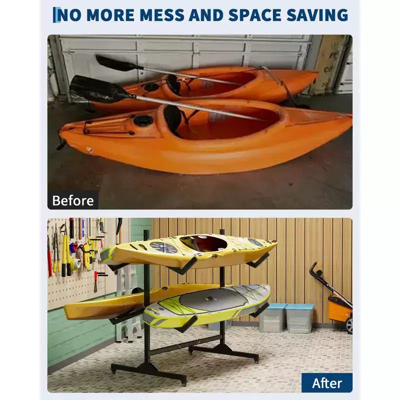Support de rangement autoportant pour kayak Robuste en acier réglable avec roues mobiles, sangles de suspension, support multi-kayak type S