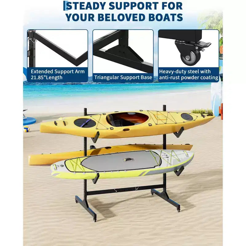 Support de rangement autoportant pour kayak Robuste en acier réglable avec roues mobiles, sangles de suspension, support multi-kayak type S