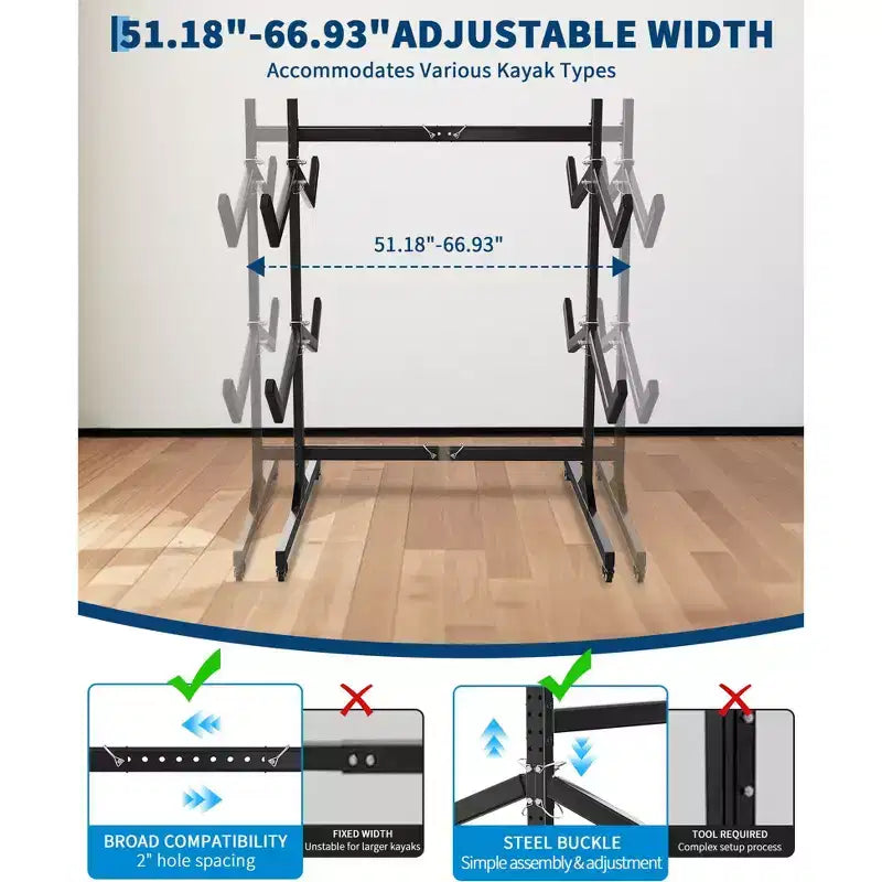 Support de rangement autoportant pour kayak Robuste en acier réglable avec roues mobiles, sangles de suspension, support multi-kayak type S