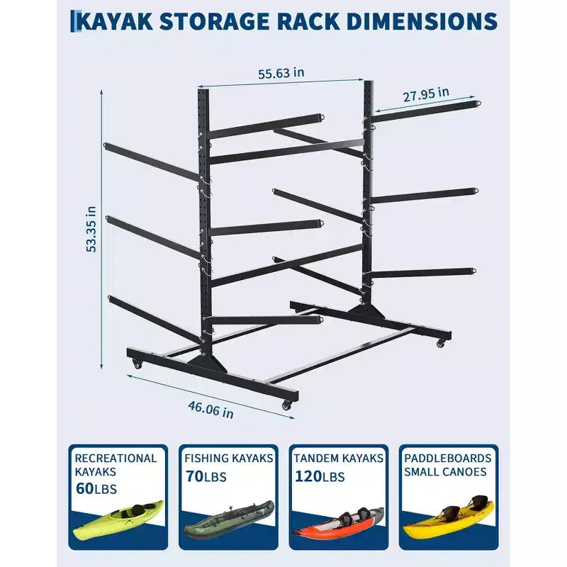 Support de rangement pour kayaks robuste avec roues verrouillables pour kayaks, canoës, planches de surf et planches à pagaie, étagères amovibles