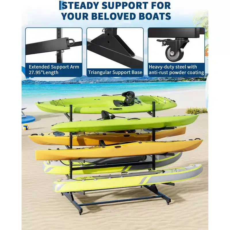 Support de rangement pour kayaks robuste avec roues verrouillables pour kayaks, canoës, planches de surf et planches à pagaie, étagères amovibles