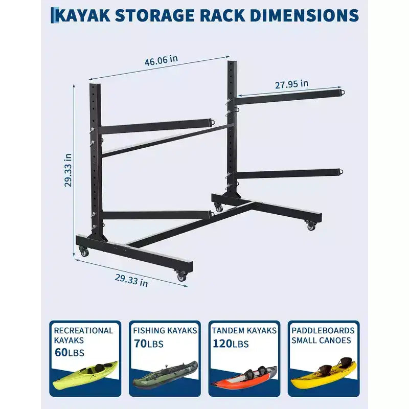 Support de rangement pour kayaks robuste avec roues verrouillables pour kayaks, canoës, planches de surf et planches à pagaie, étagères amovibles