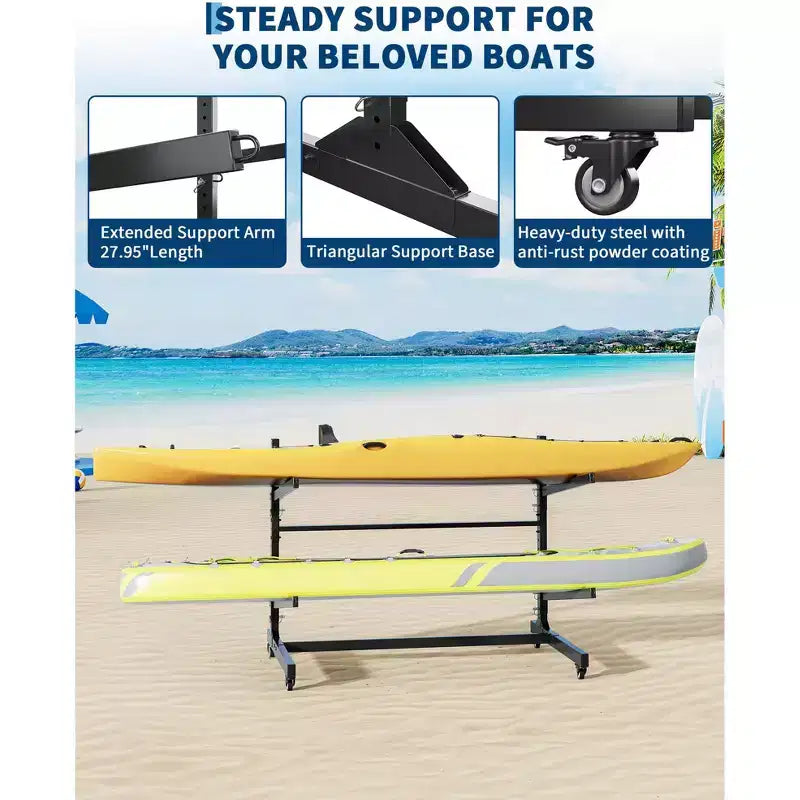 Support de rangement pour kayaks robuste avec roues verrouillables pour kayaks, canoës, planches de surf et planches à pagaie, étagères amovibles