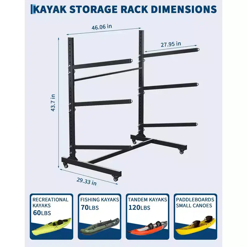 Support de rangement pour kayaks robuste avec roues verrouillables pour kayaks, canoës, planches de surf et planches à pagaie, étagères amovibles