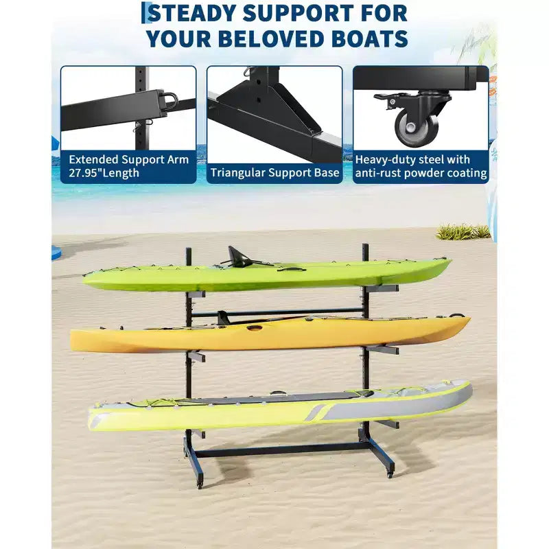 Support de rangement pour kayaks robuste avec roues verrouillables pour kayaks, canoës, planches de surf et planches à pagaie, étagères amovibles