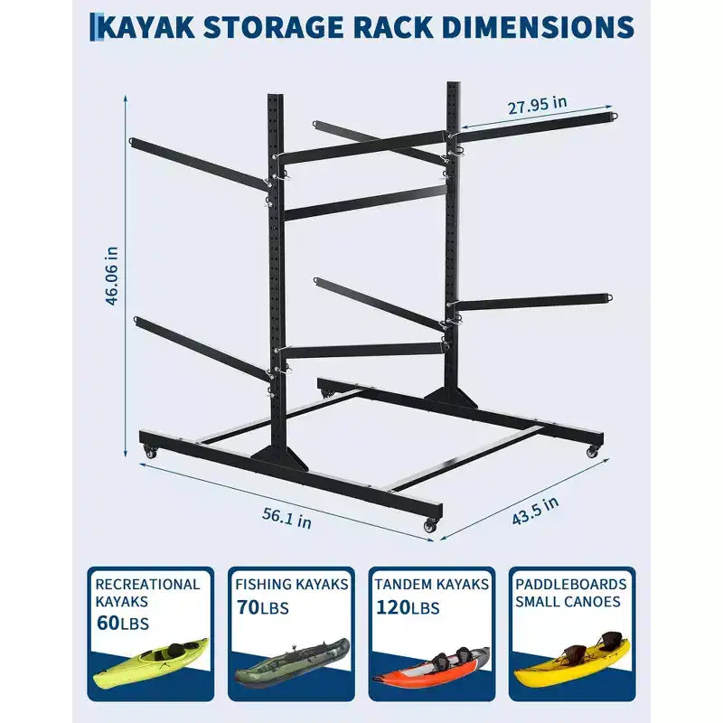 Support de rangement pour kayaks robuste avec roues verrouillables pour kayaks, canoës, planches de surf et planches à pagaie, étagères amovibles