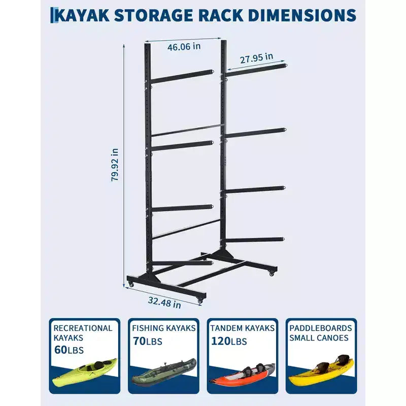 Support de rangement pour kayaks robuste avec roues verrouillables pour kayaks, canoës, planches de surf et planches à pagaie, étagères amovibles