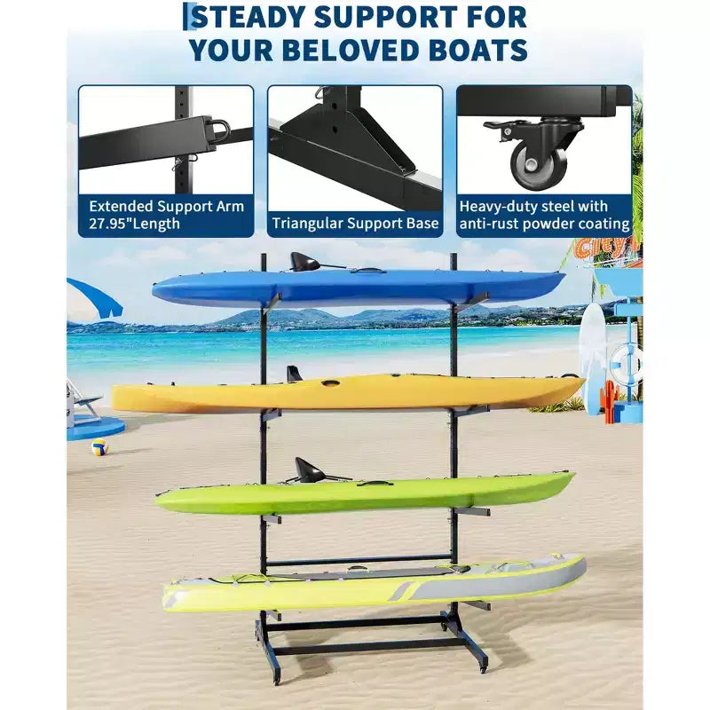 Support de rangement pour kayaks robuste avec roues verrouillables pour kayaks, canoës, planches de surf et planches à pagaie, étagères amovibles