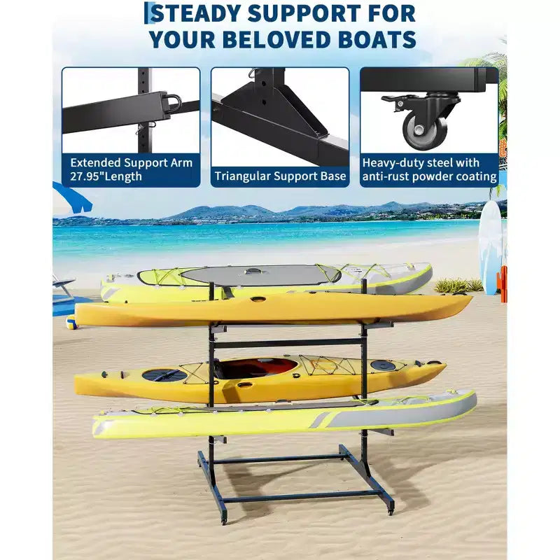 Support de rangement pour kayaks robuste avec roues verrouillables pour kayaks, canoës, planches de surf et planches à pagaie, étagères amovibles