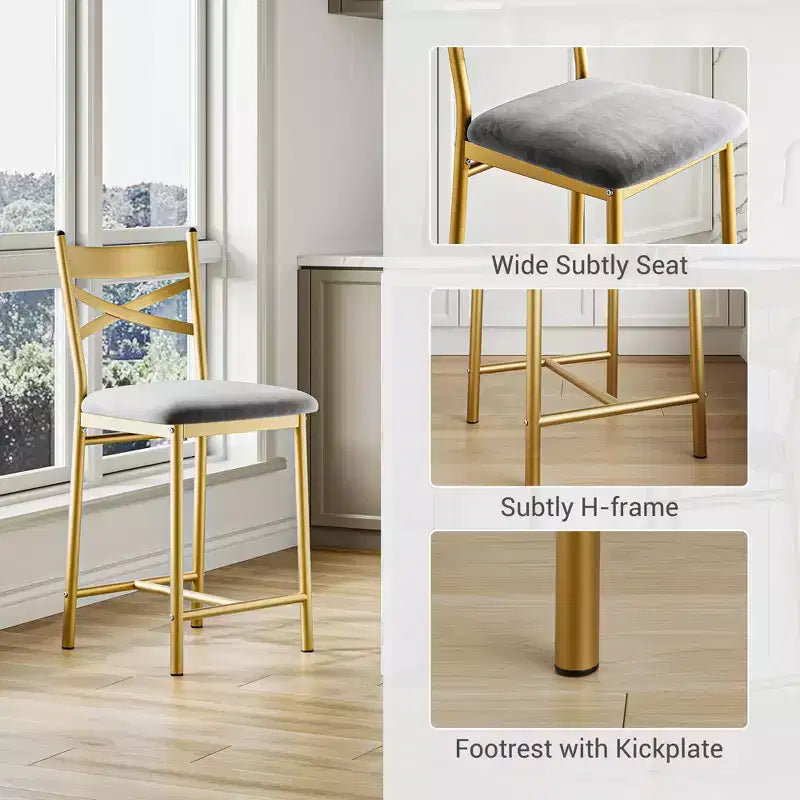 Tabourets de bar à hauteur de comptoir 26 Chaises à structure métallique avec dossier droit ergonomique, coussins étanches rembourrés en cuir PU épais