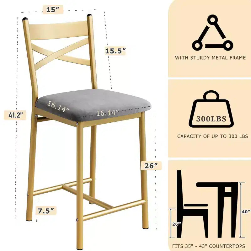 Tabourets de bar à hauteur de comptoir 26 Chaises à structure métallique avec dossier droit ergonomique, coussins étanches rembourrés en cuir PU épais