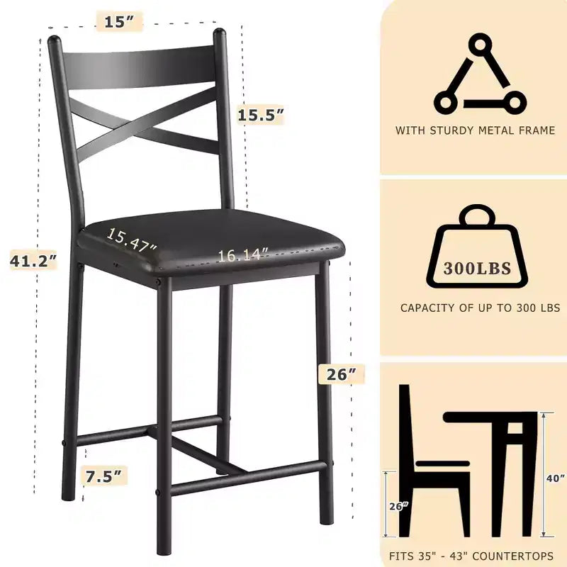 Tabourets de bar à hauteur de comptoir 26 Chaises à structure métallique avec dossier droit ergonomique, coussins étanches rembourrés en cuir PU épais