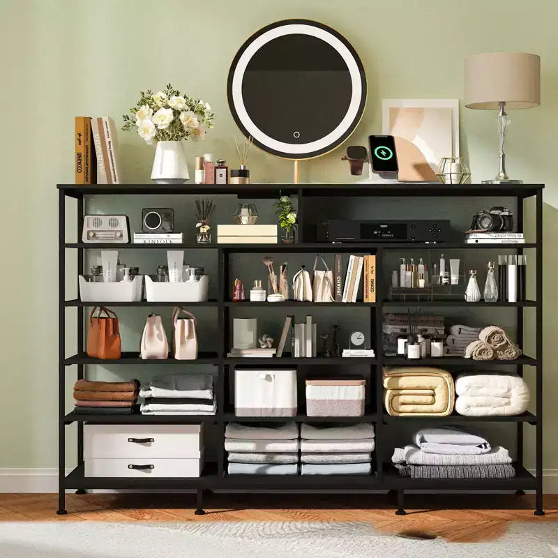 Commode à 11 tiroirs en tissu avec lumières et station de charge, commode en bois avec étagères ouvertes, organisateur de rangement pour chambre à coucher