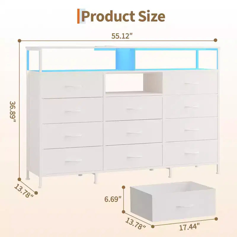 Commode à 11 tiroirs en tissu avec lumières et station de charge, commode en bois avec étagères ouvertes, organisateur de rangement pour chambre à coucher