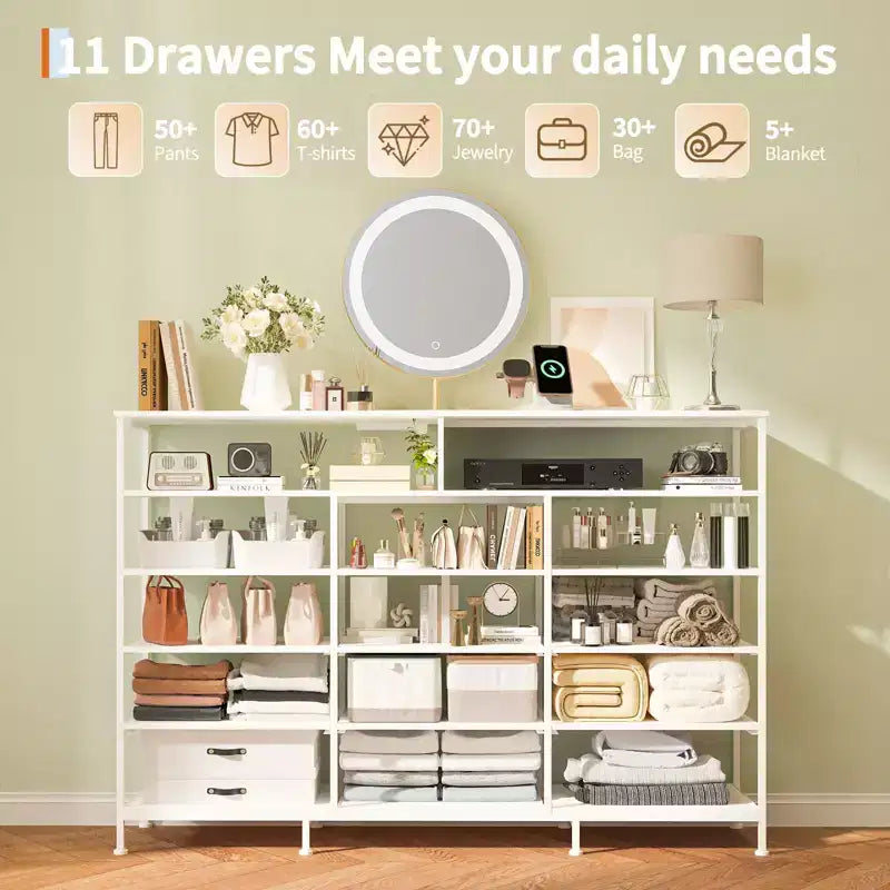 Commode à 11 tiroirs en tissu avec lumières et station de charge, commode en bois avec étagères ouvertes, organisateur de rangement pour chambre à coucher