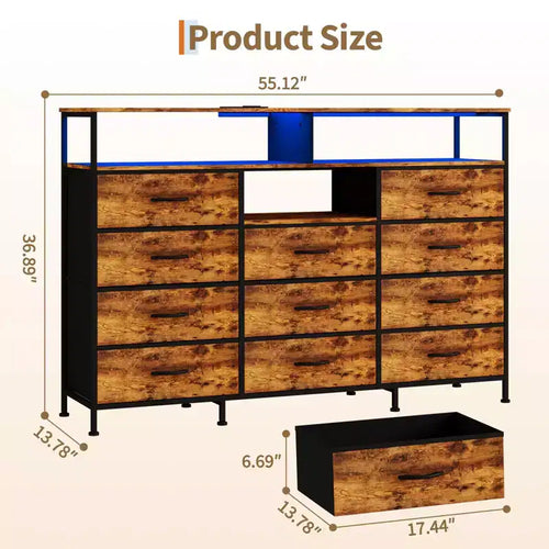 Commode à 11 tiroirs en tissu avec lumières et station de charge, commode en bois avec étagères ouvertes, organisateur de rangement pour chambre à coucher