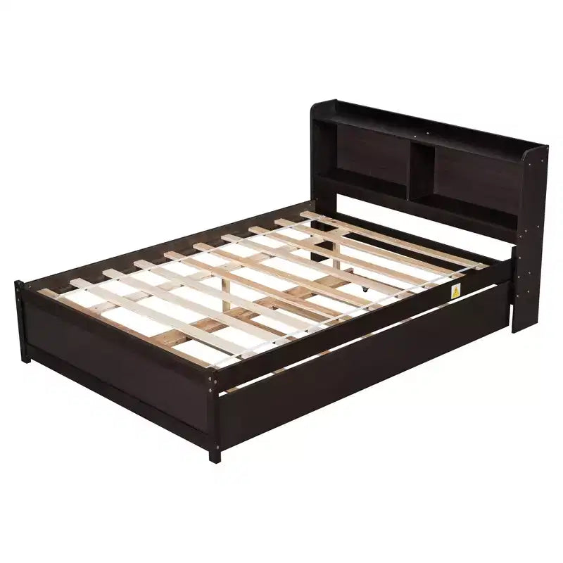 Lit plateforme double avec lit gigogne et tête de lit de rangement, cadre de lit avec support à lattes en bois pour petits espaces