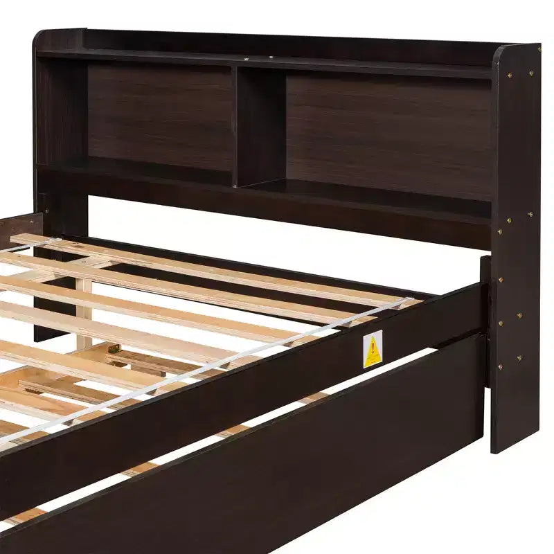 Lit plateforme double avec lit gigogne et tête de lit de rangement, cadre de lit avec support à lattes en bois pour petits espaces