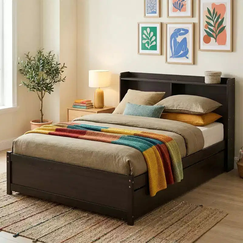 Lit plateforme double avec lit gigogne et tête de lit de rangement, cadre de lit avec support à lattes en bois pour petits espaces