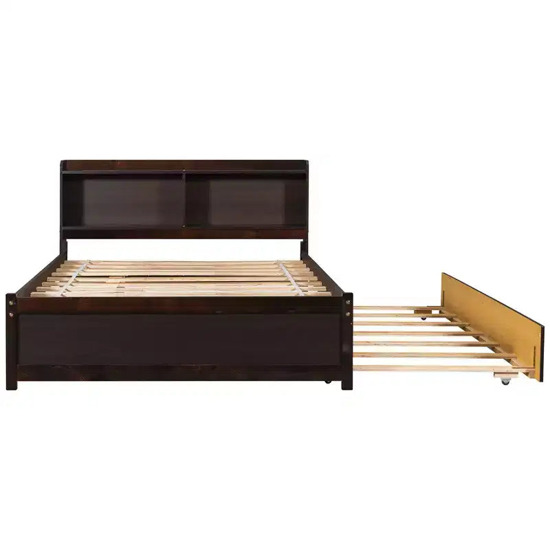 Lit plateforme double avec lit gigogne et tête de lit de rangement, cadre de lit avec support à lattes en bois pour petits espaces