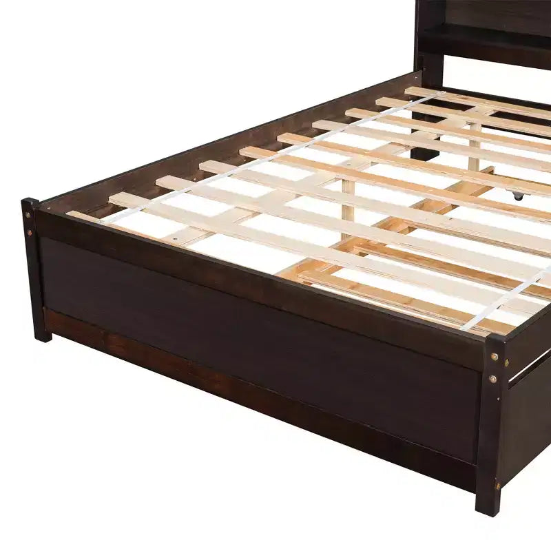 Lit plateforme double avec lit gigogne et tête de lit de rangement, cadre de lit avec support à lattes en bois pour petits espaces