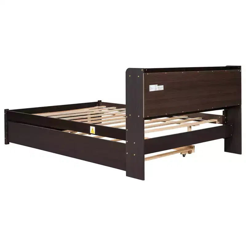 Lit plateforme double avec lit gigogne et tête de lit de rangement, cadre de lit avec support à lattes en bois pour petits espaces