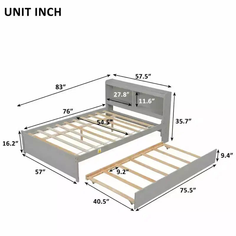 Lit plateforme double avec lit gigogne et tête de lit de rangement, cadre de lit avec support à lattes en bois pour petits espaces